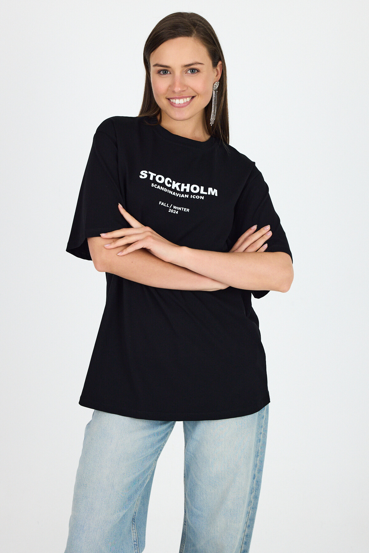 Siyah Yazı Baskılı Bisiklet Yaka OversizeTişört 6056 - 7