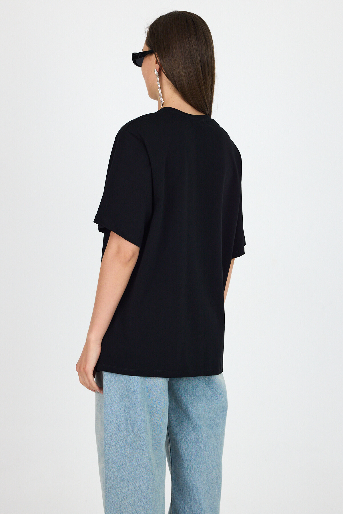 Siyah Yazı Baskılı Bisiklet Yaka OversizeTişört 6056 - 5