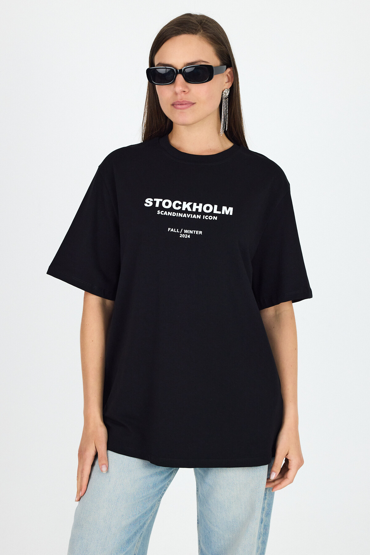 Siyah Yazı Baskılı Bisiklet Yaka OversizeTişört 6056 - 1