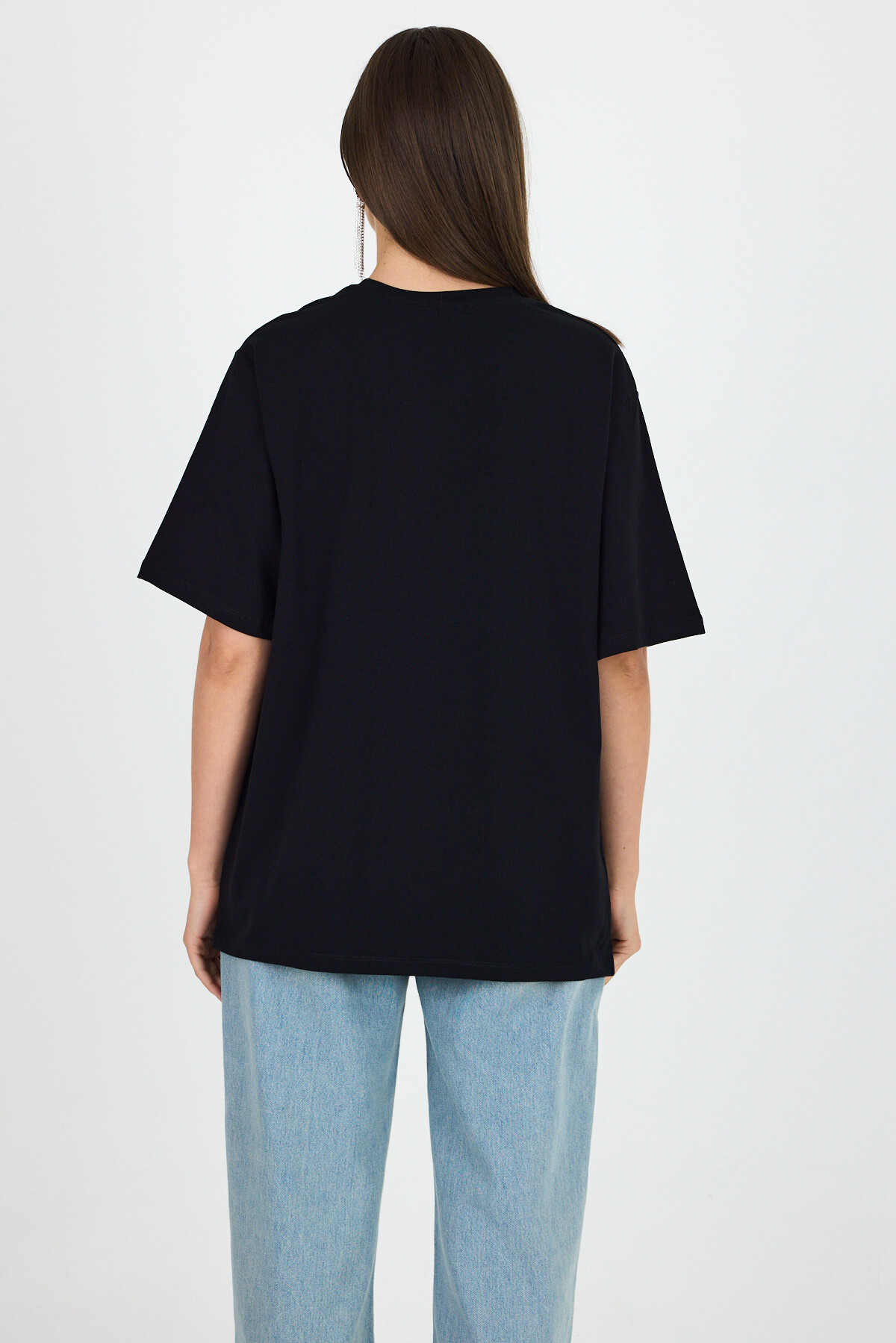 Siyah Yazı Baskılı Bisiklet Yaka OversizeTişört 6056 - 6