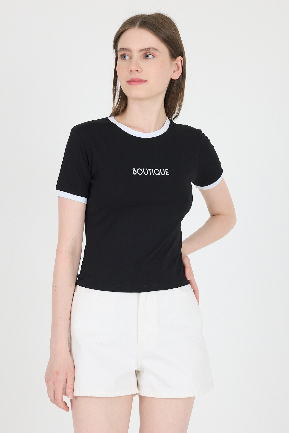 Siyah Yazı Baskılı Biyeli Pamuklu Slim Fit Tişört 9192M - RAYS