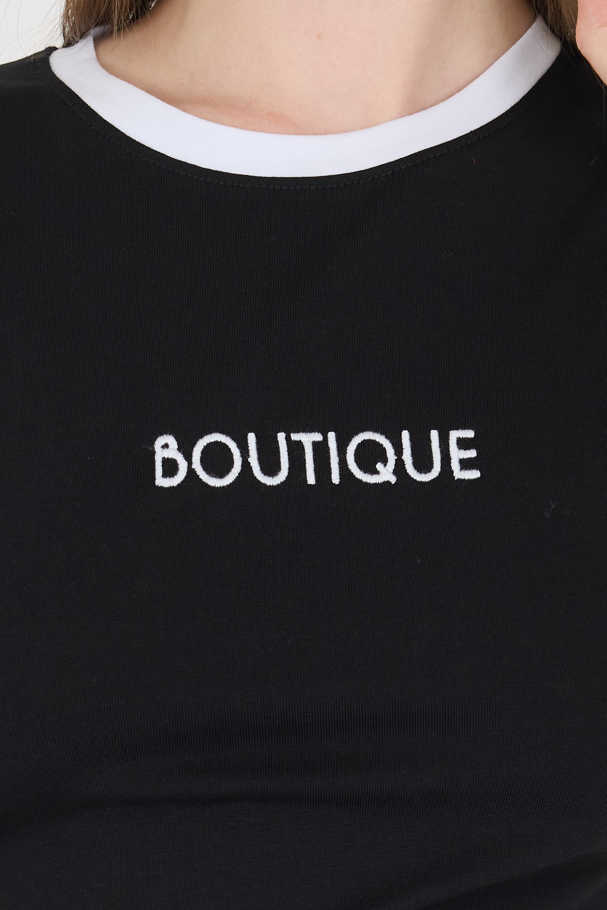 Siyah Yazı Baskılı Biyeli Pamuklu Slim Fit Tişört 9192M - RAYS