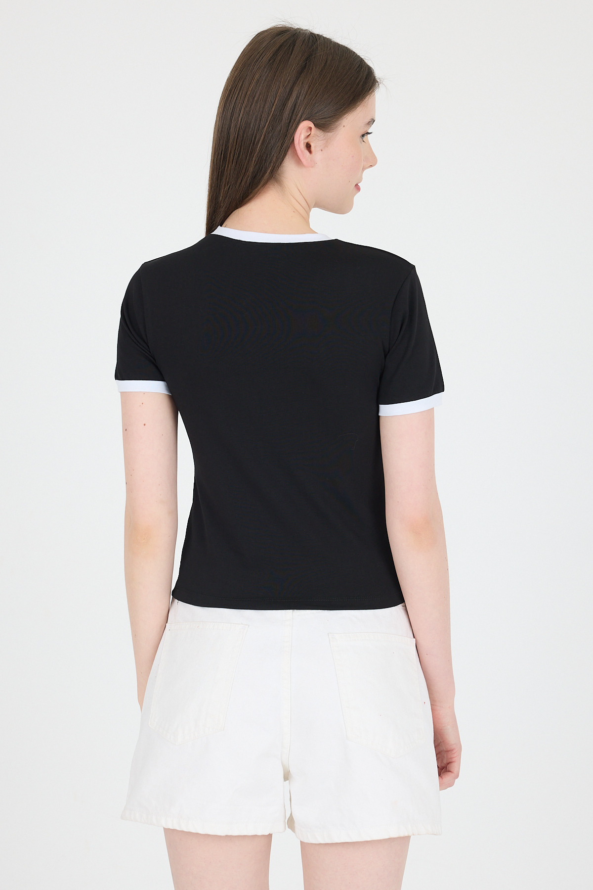 Siyah Yazı Baskılı Biyeli Pamuklu Slim Fit Tişört 9192M - 5