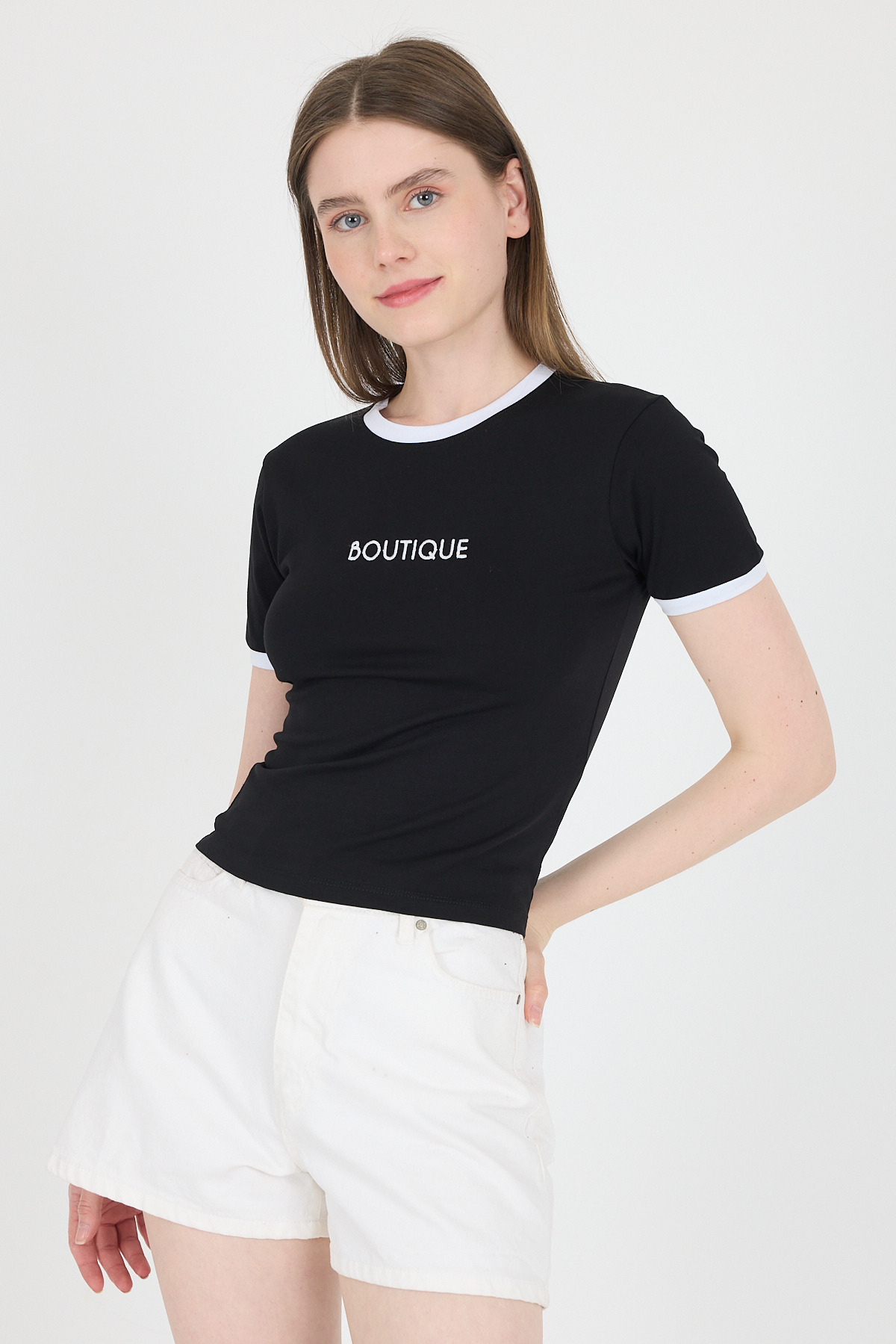 Siyah Yazı Baskılı Biyeli Pamuklu Slim Fit Tişört 9192M - 6