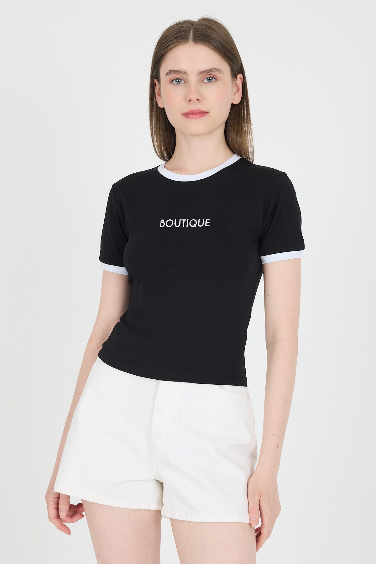 Siyah Yazı Baskılı Biyeli Pamuklu Slim Fit Tişört 9192M 