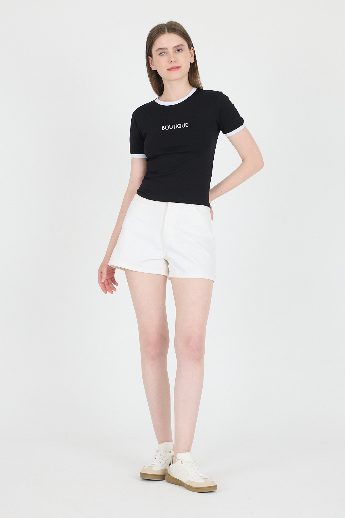 Siyah Yazı Baskılı Biyeli Pamuklu Slim Fit Tişört 9192M - RAYS