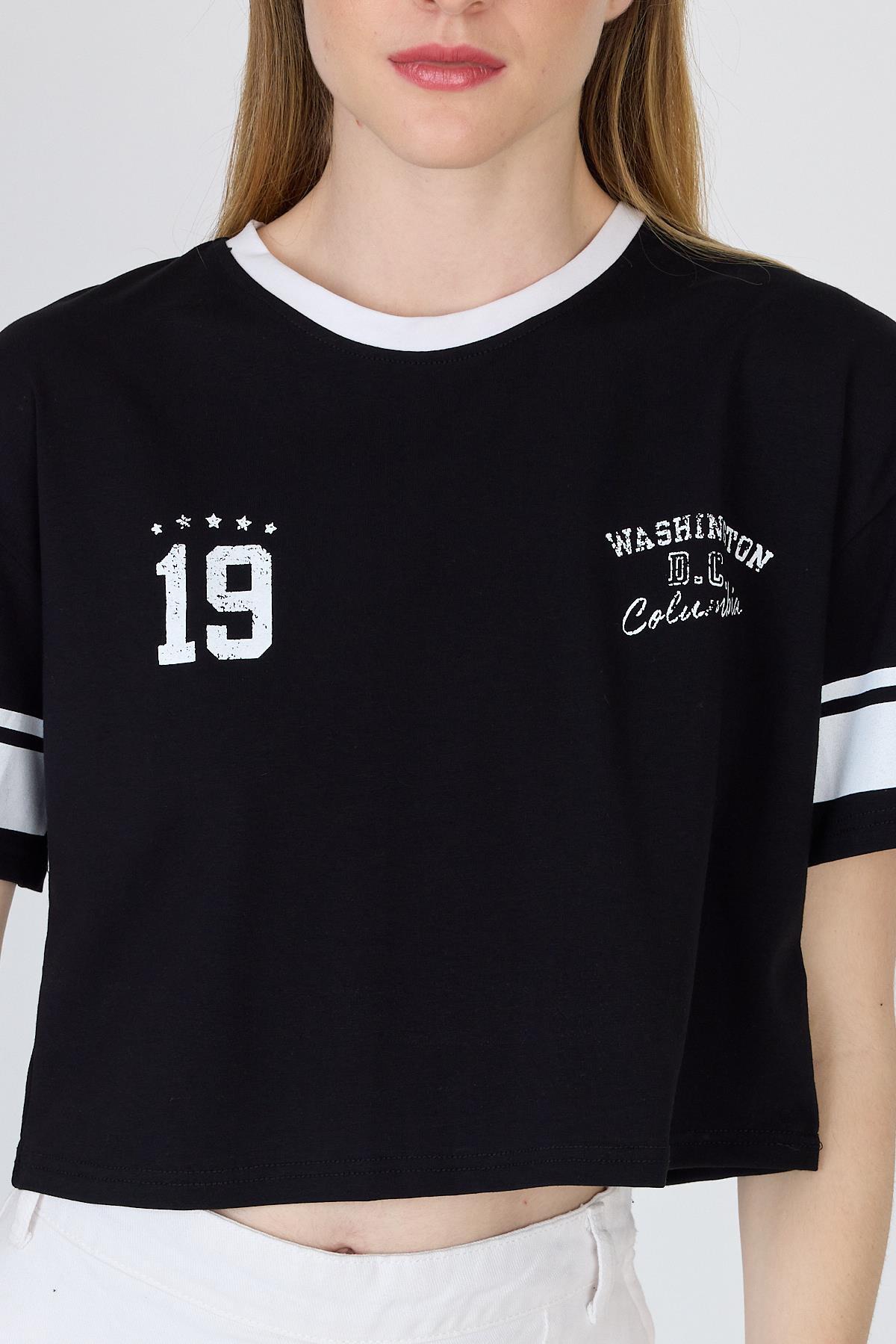 Siyah Yazı Baskılı Crop Tişört 6584 - 4