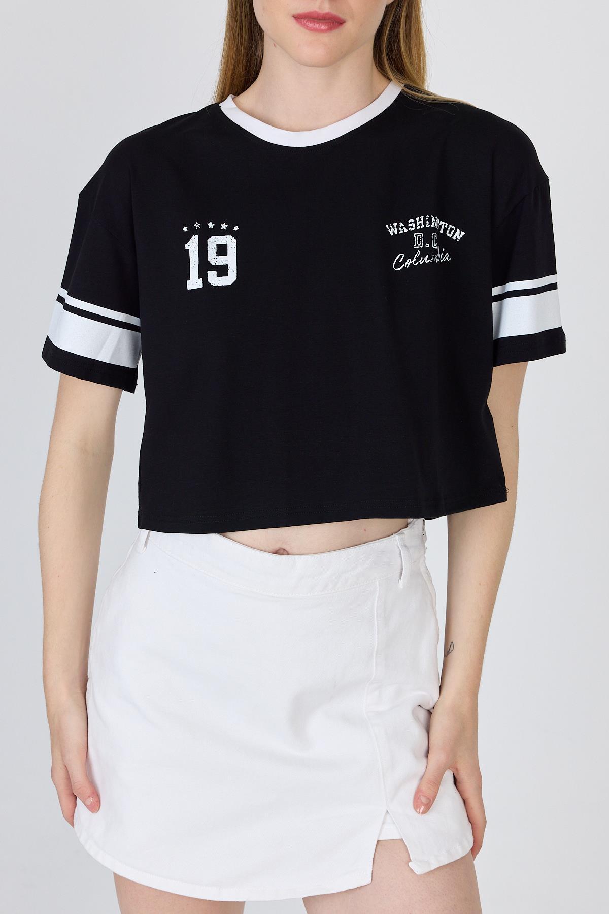 Siyah Yazı Baskılı Crop Tişört 6584 - 3