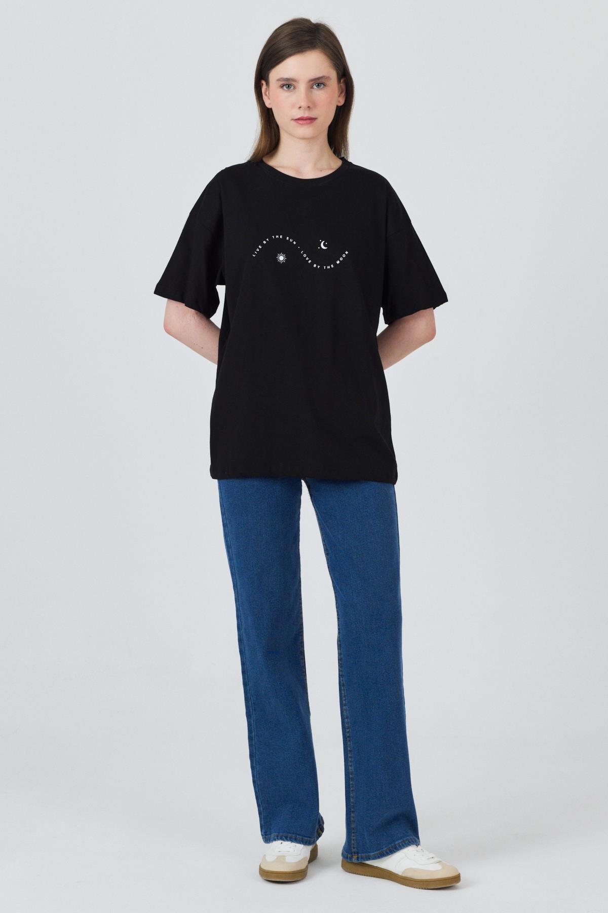 Siyah Yazı Baskılı Oversize Pamuklu Tişört 2150-32M - 6