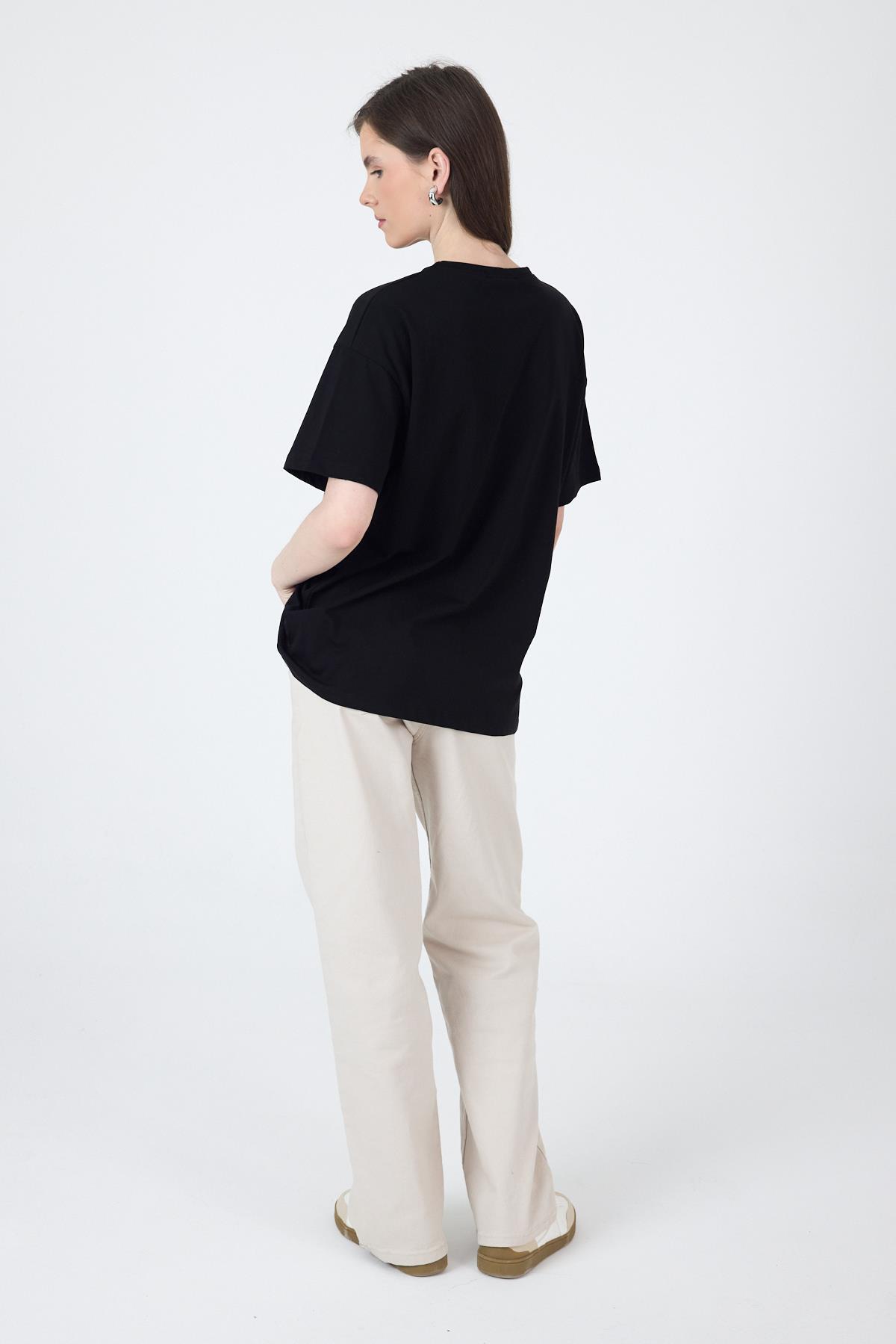 Siyah Yazı Baskılı Oversize Pamuklu Tişört 2150-5M - 6