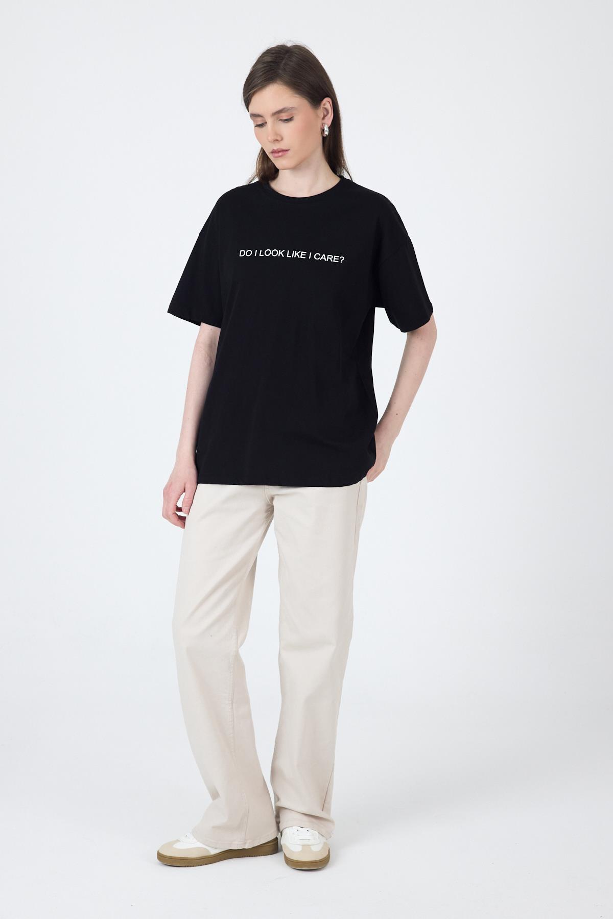 Siyah Yazı Baskılı Oversize Pamuklu Tişört 2150-5M - 7