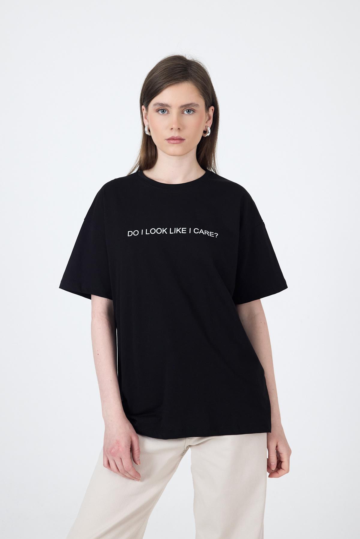 Siyah Yazı Baskılı Oversize Pamuklu Tişört 2150-5M - 1