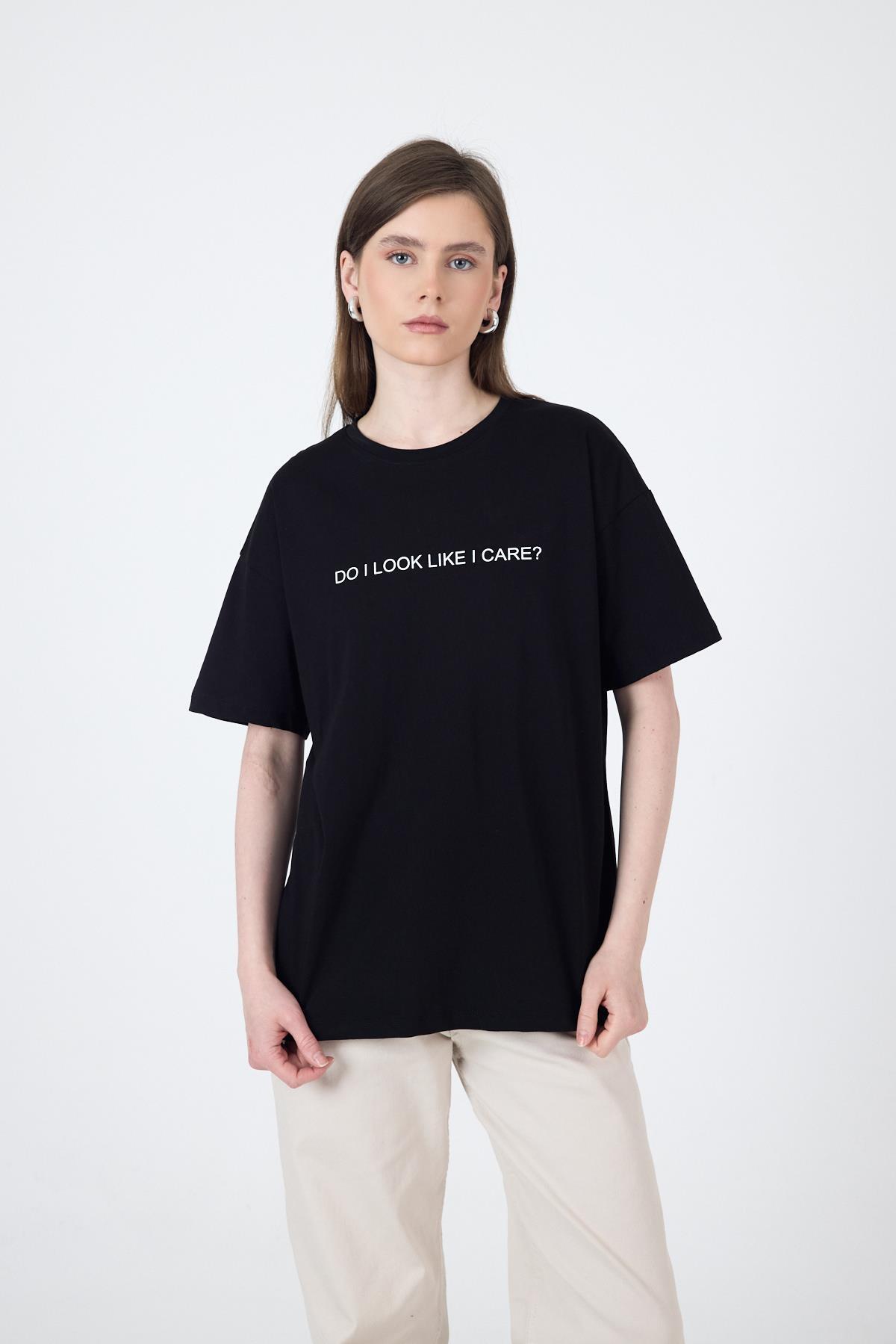 Siyah Yazı Baskılı Oversize Pamuklu Tişört 2150-5M - 3