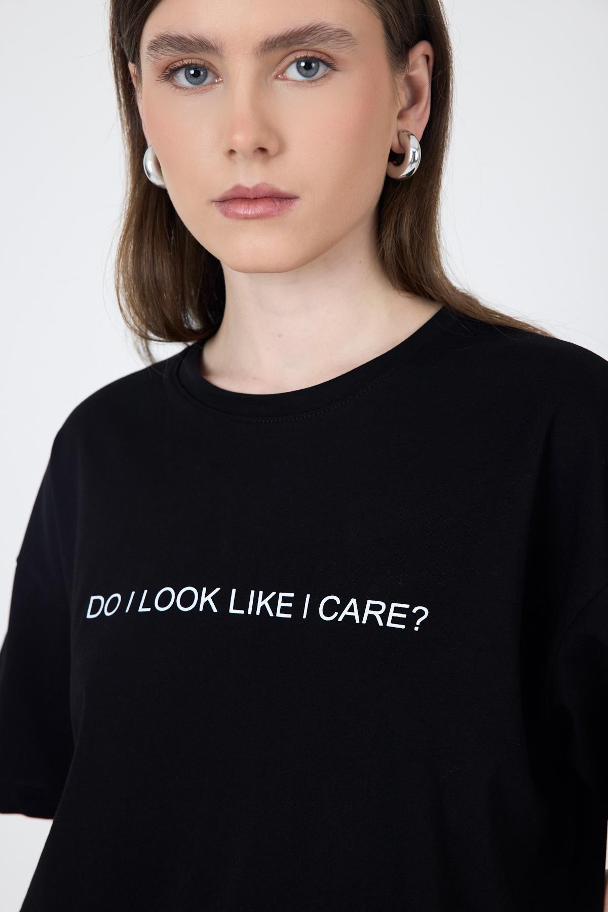 Siyah Yazı Baskılı Oversize Pamuklu Tişört 2150-5M - 4