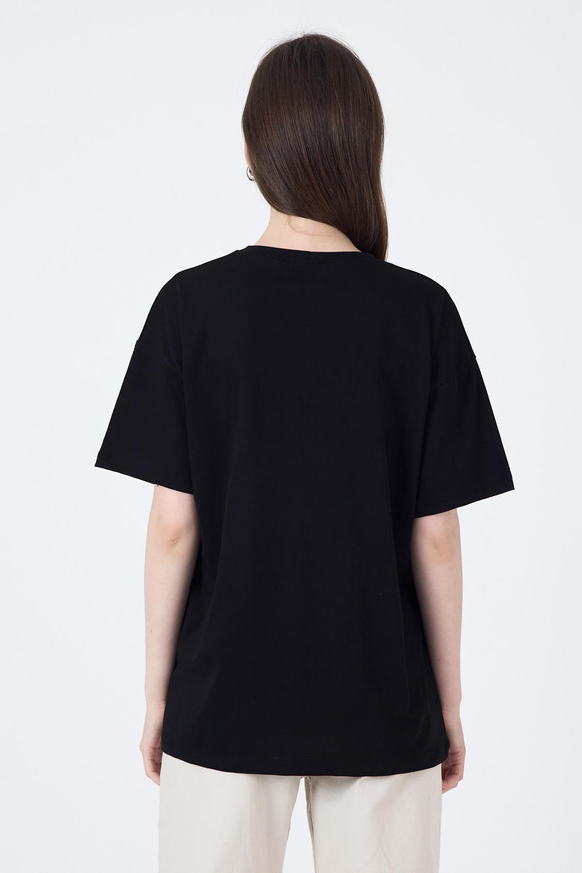 Siyah Yazı Baskılı Oversize Pamuklu Tişört 2150-5M - 5