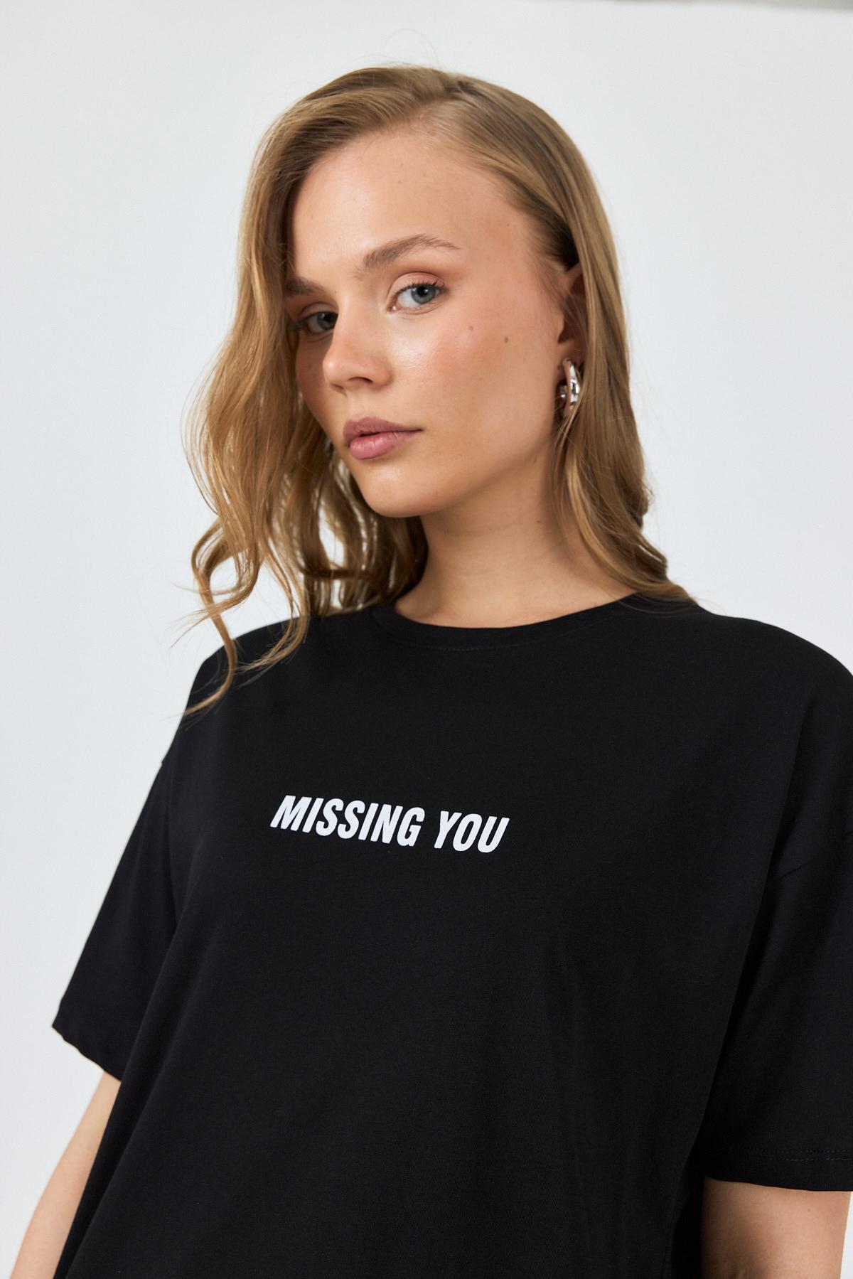Siyah Yazı Baskılı Pamuklu Oversize Tişört 2150-6M - 4