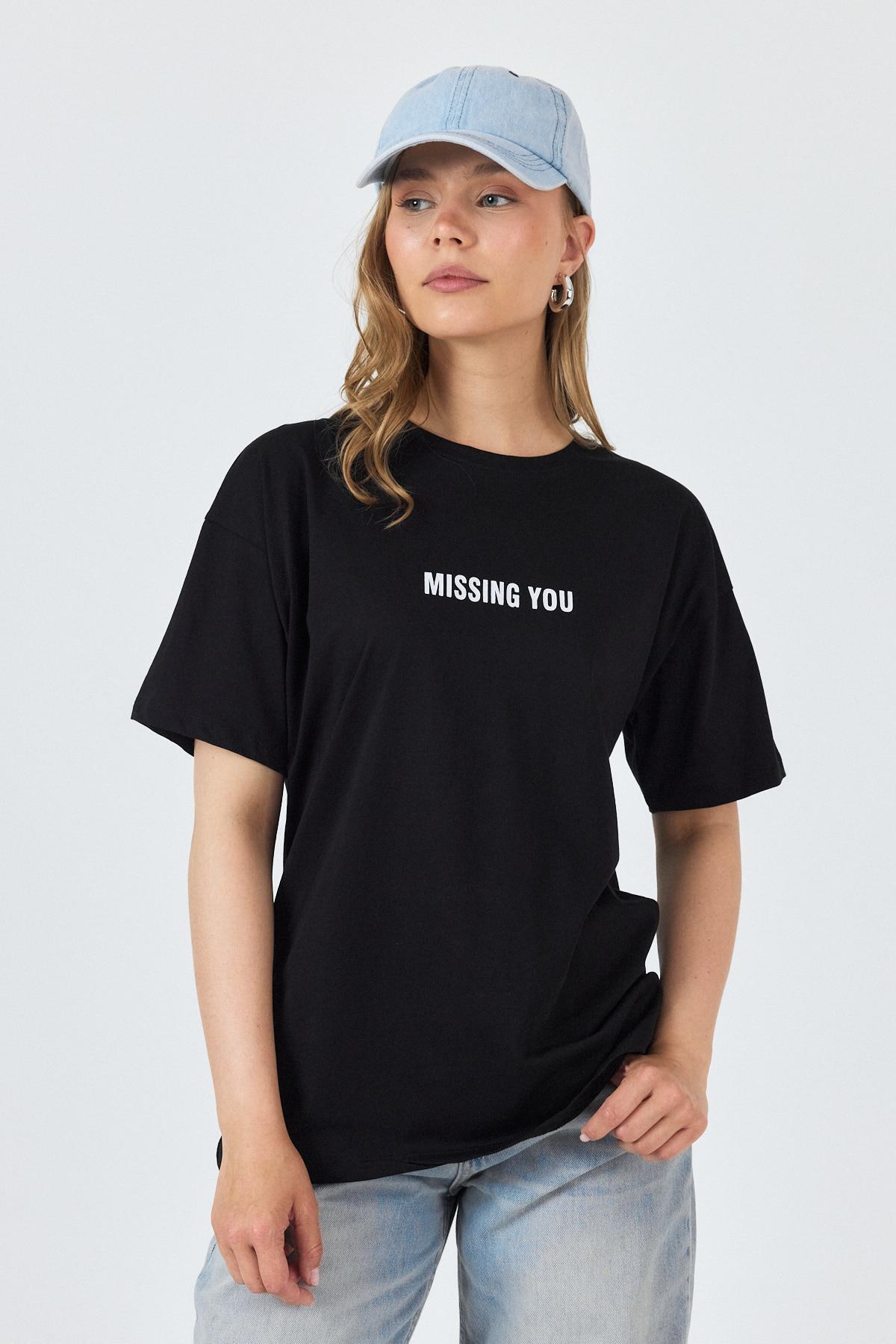Siyah Yazı Baskılı Pamuklu Oversize Tişört 2150-6M - 6