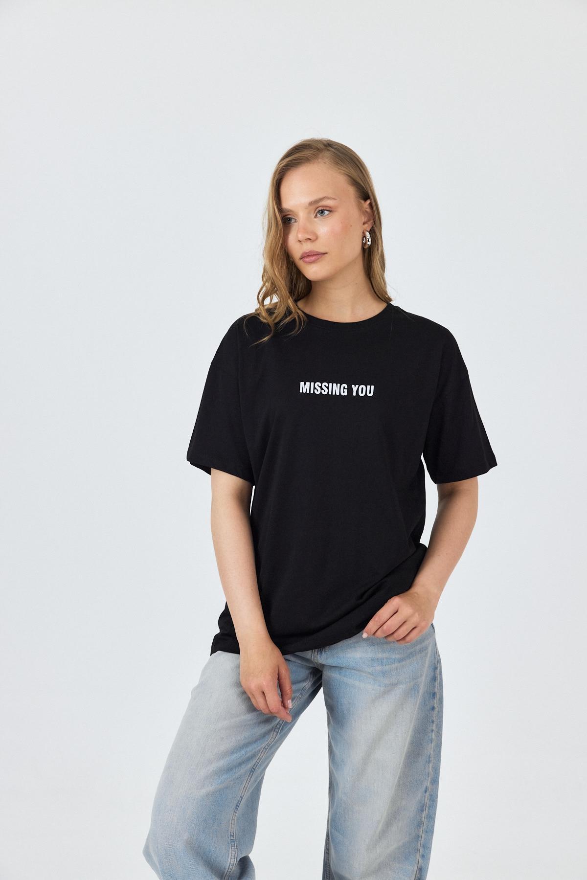 Siyah Yazı Baskılı Pamuklu Oversize Tişört 2150-6M - 3