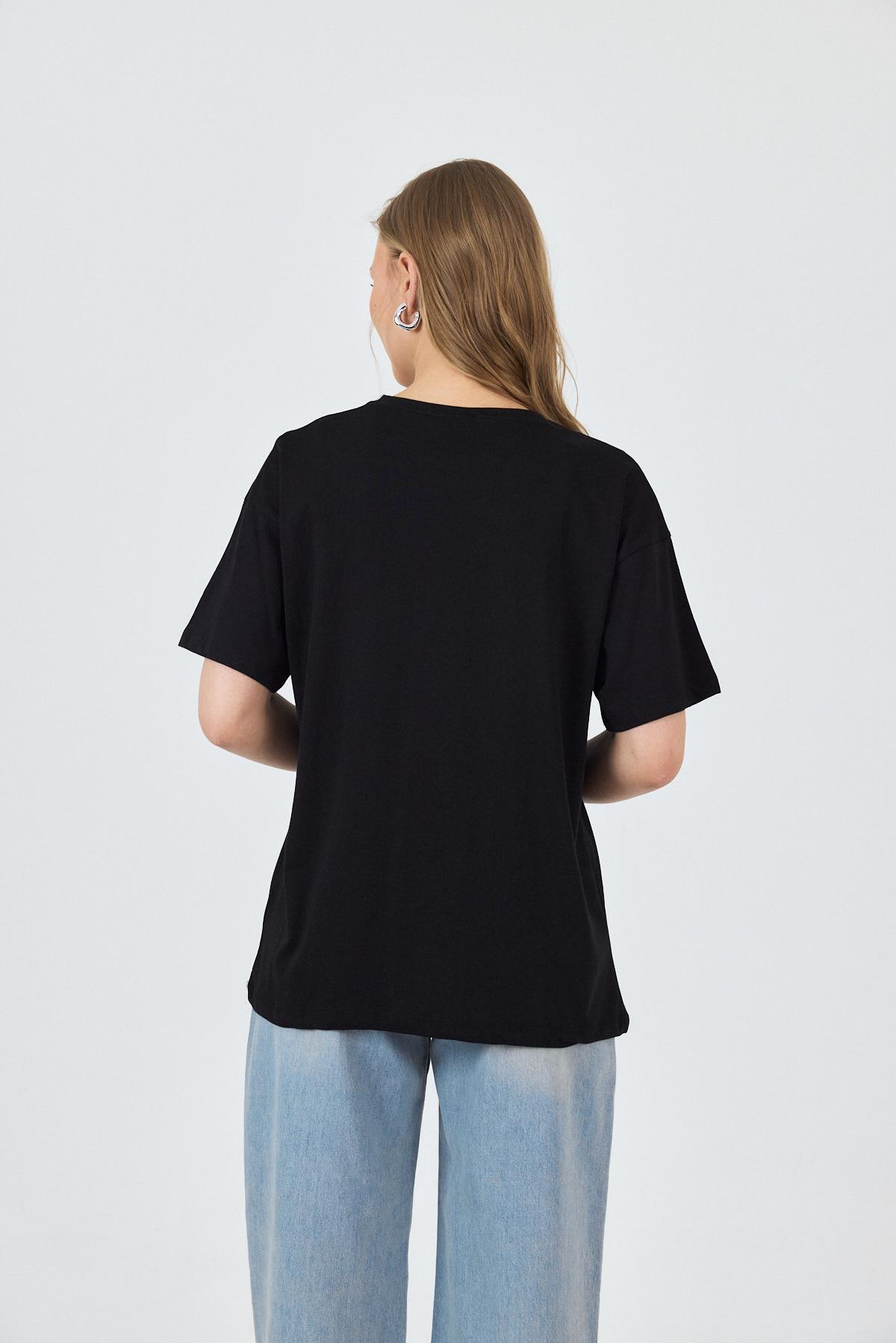 Siyah Yazı Baskılı Pamuklu Oversize Tişört 2150-6M - 5