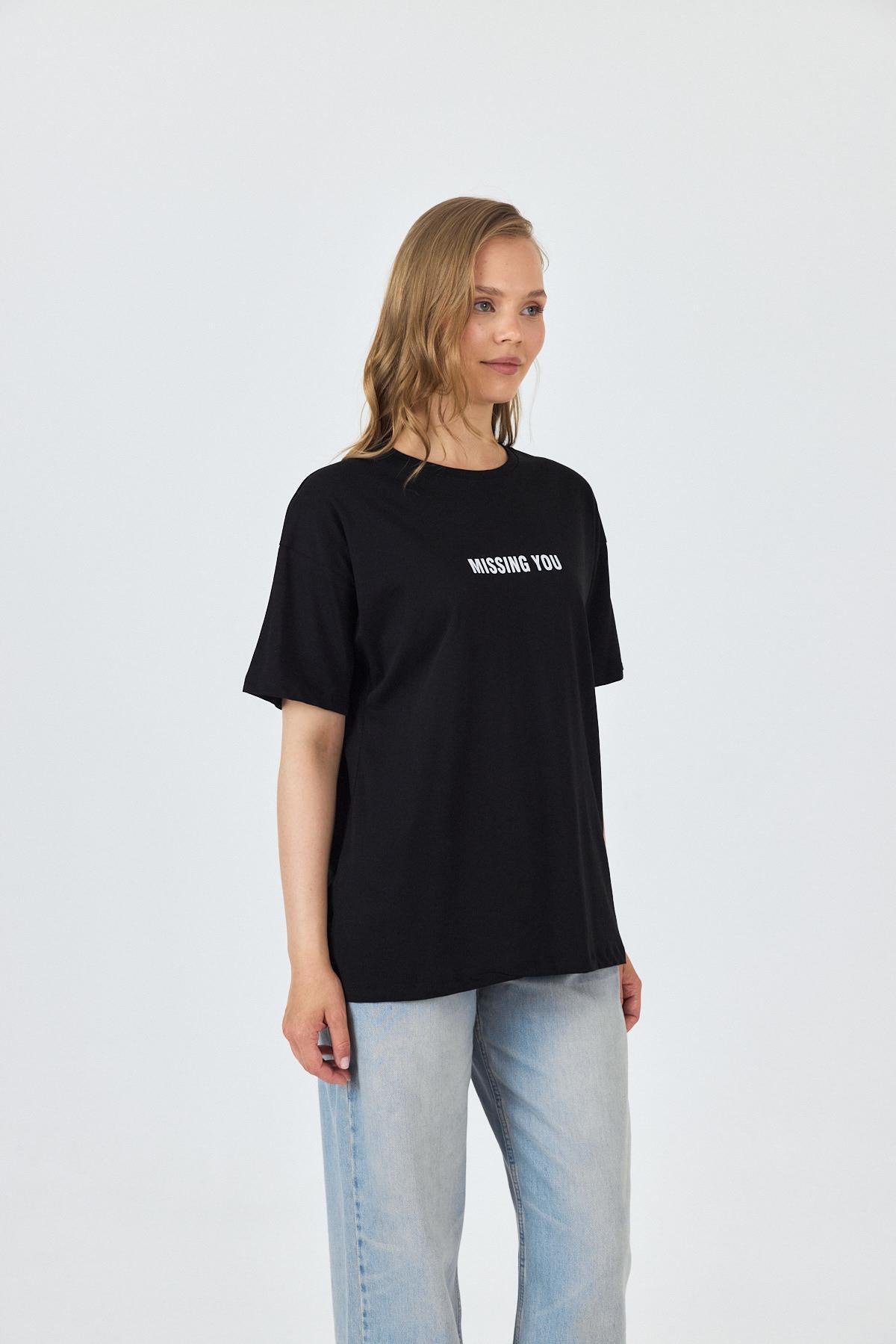 Siyah Yazı Baskılı Pamuklu Oversize Tişört 2150-6M - 7