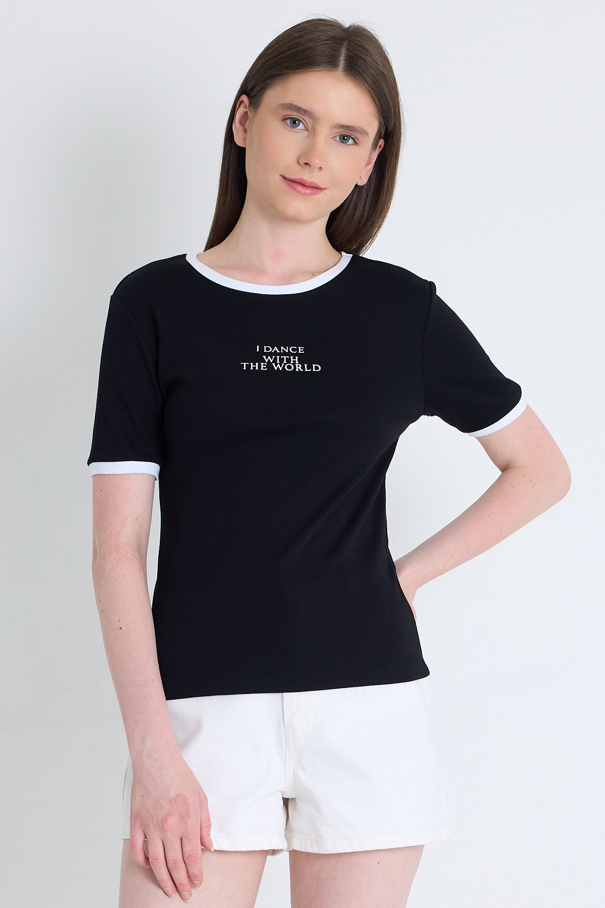 Siyah Yazı Baskılı Relaxed Fit Tişört 5793 - RAYS