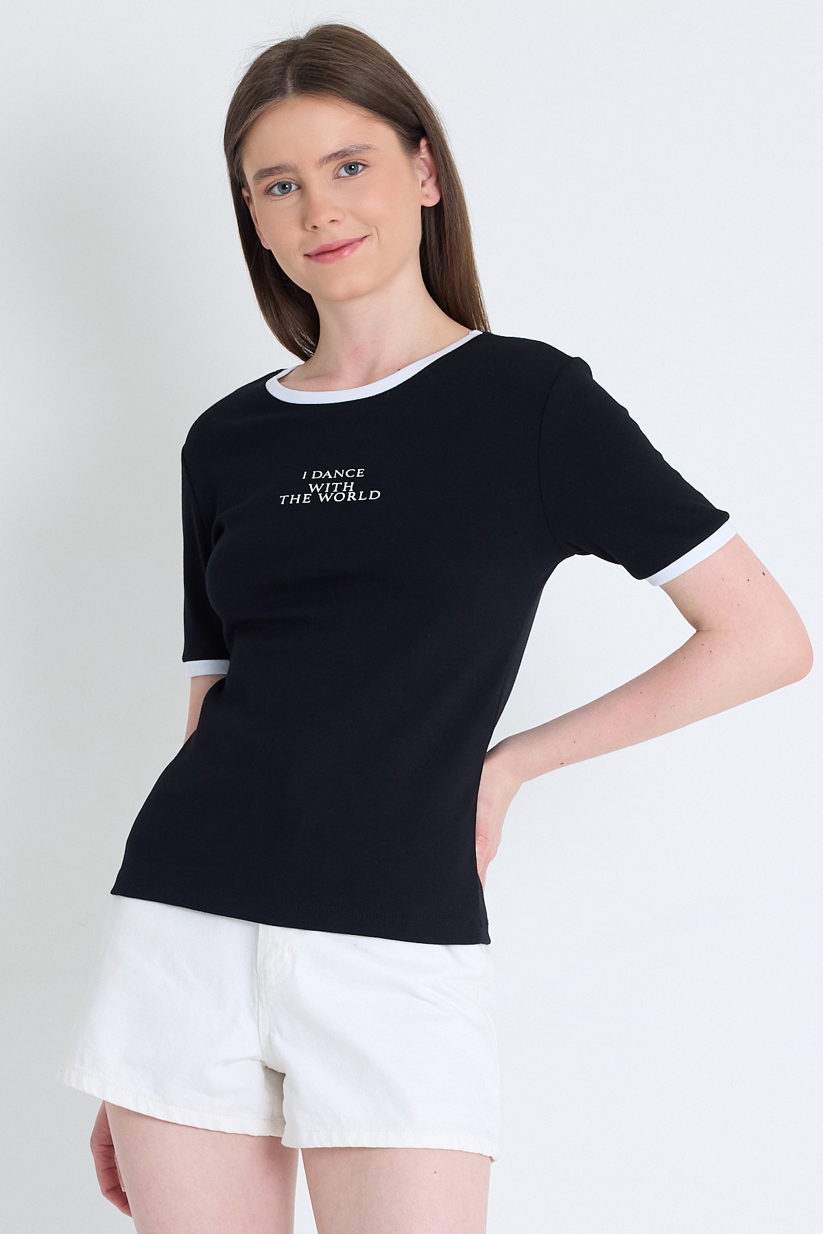 Siyah Yazı Baskılı Relaxed Fit Tişört 5793 - RAYS