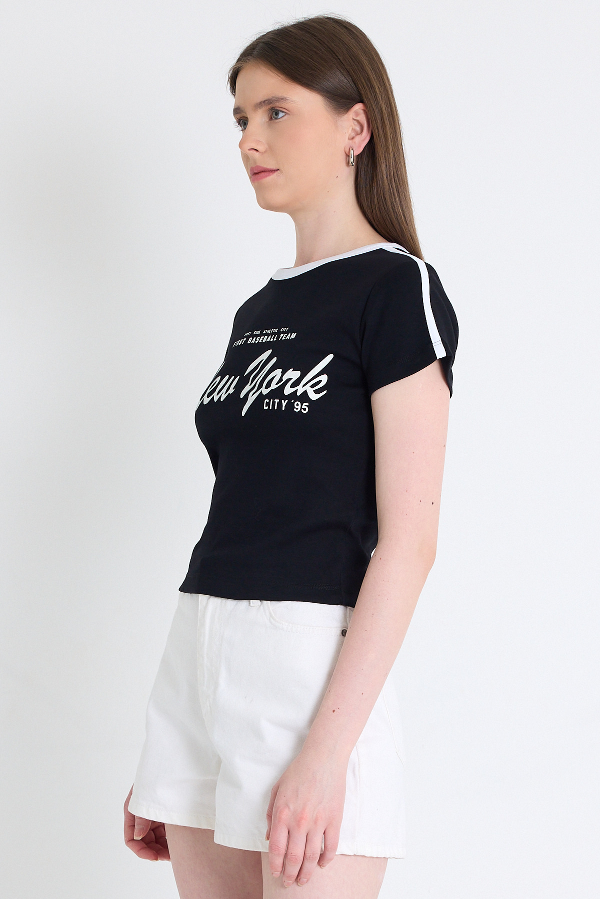 Siyah Yazı Baskılı Slim Fit Crop Tişört 6059 - RAYS