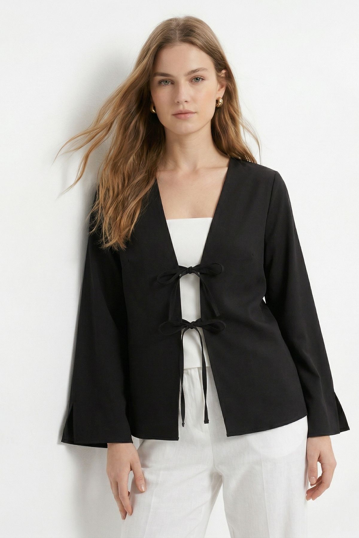 Siyah Yırtmaçlı İspanyol Kol Ön Bağlama Kimono 5425 - 1