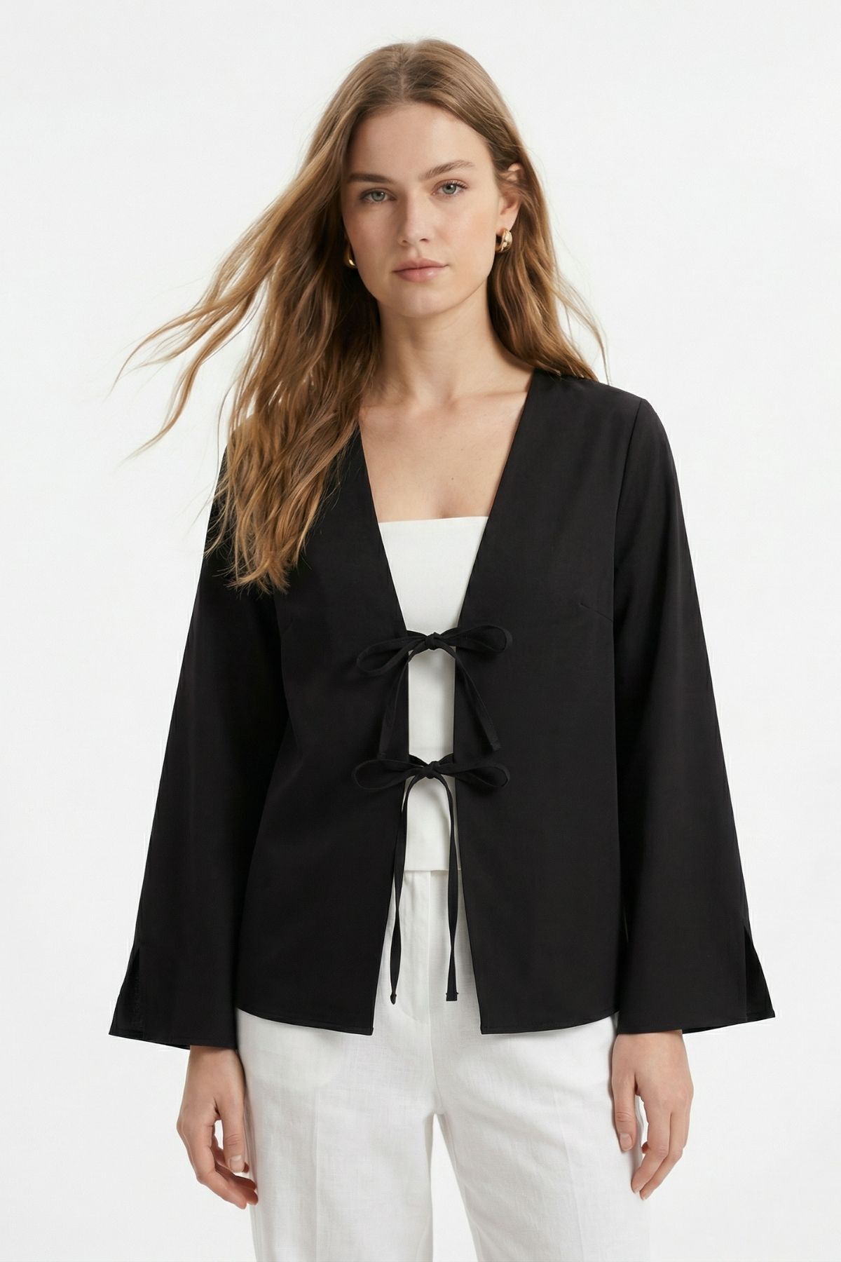 Siyah Yırtmaçlı İspanyol Kol Ön Bağlama Kimono 5425 - 2