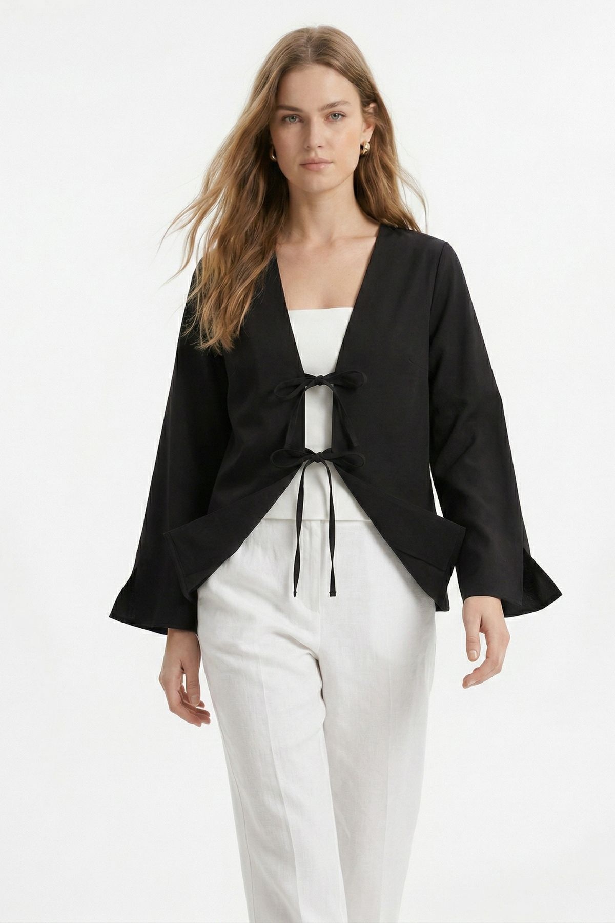 Siyah Yırtmaçlı İspanyol Kol Ön Bağlama Kimono 5425 - 3