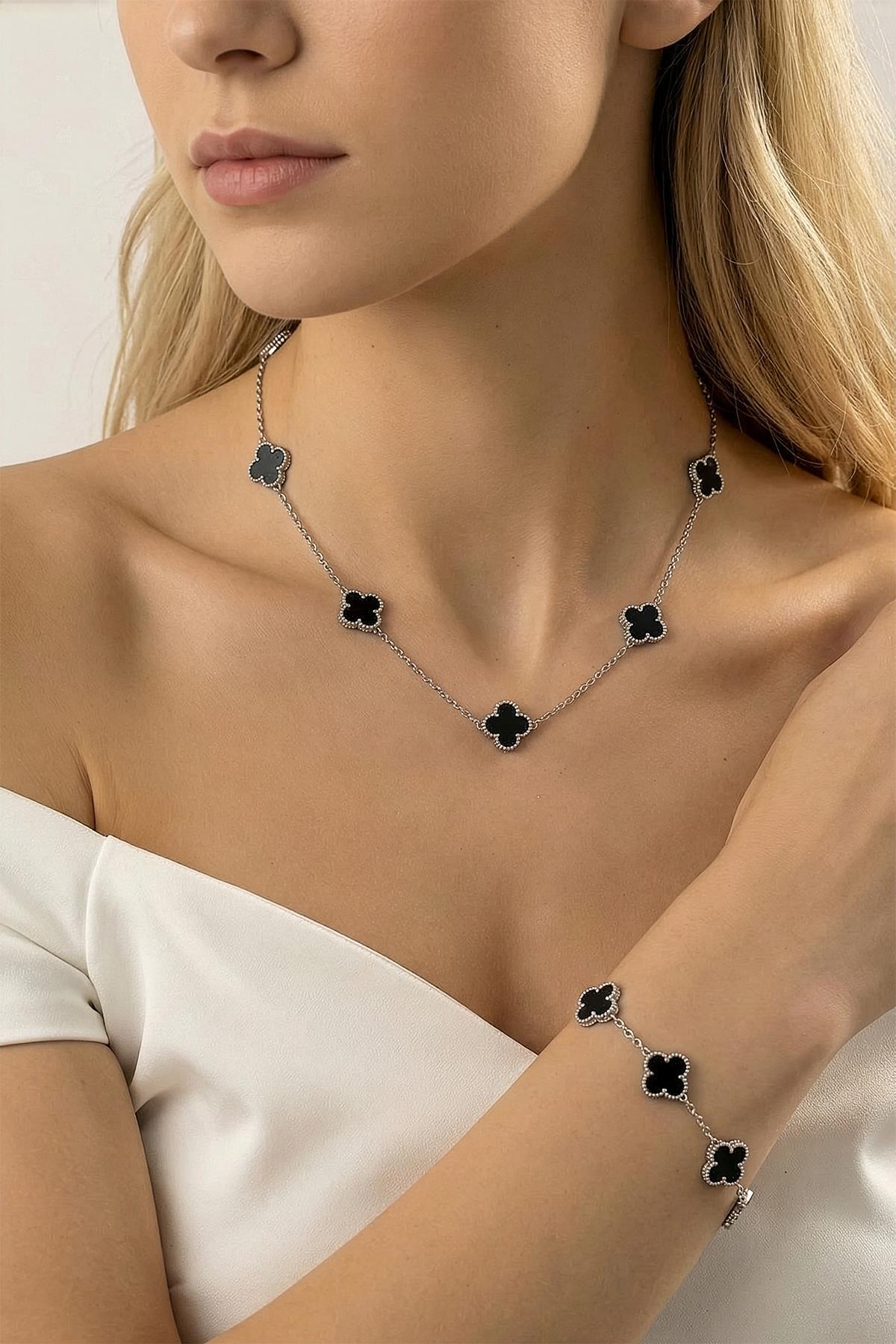 Siyah Yonca Figürlü Kolye Bileklik Seti Gümüş 0133 - 1