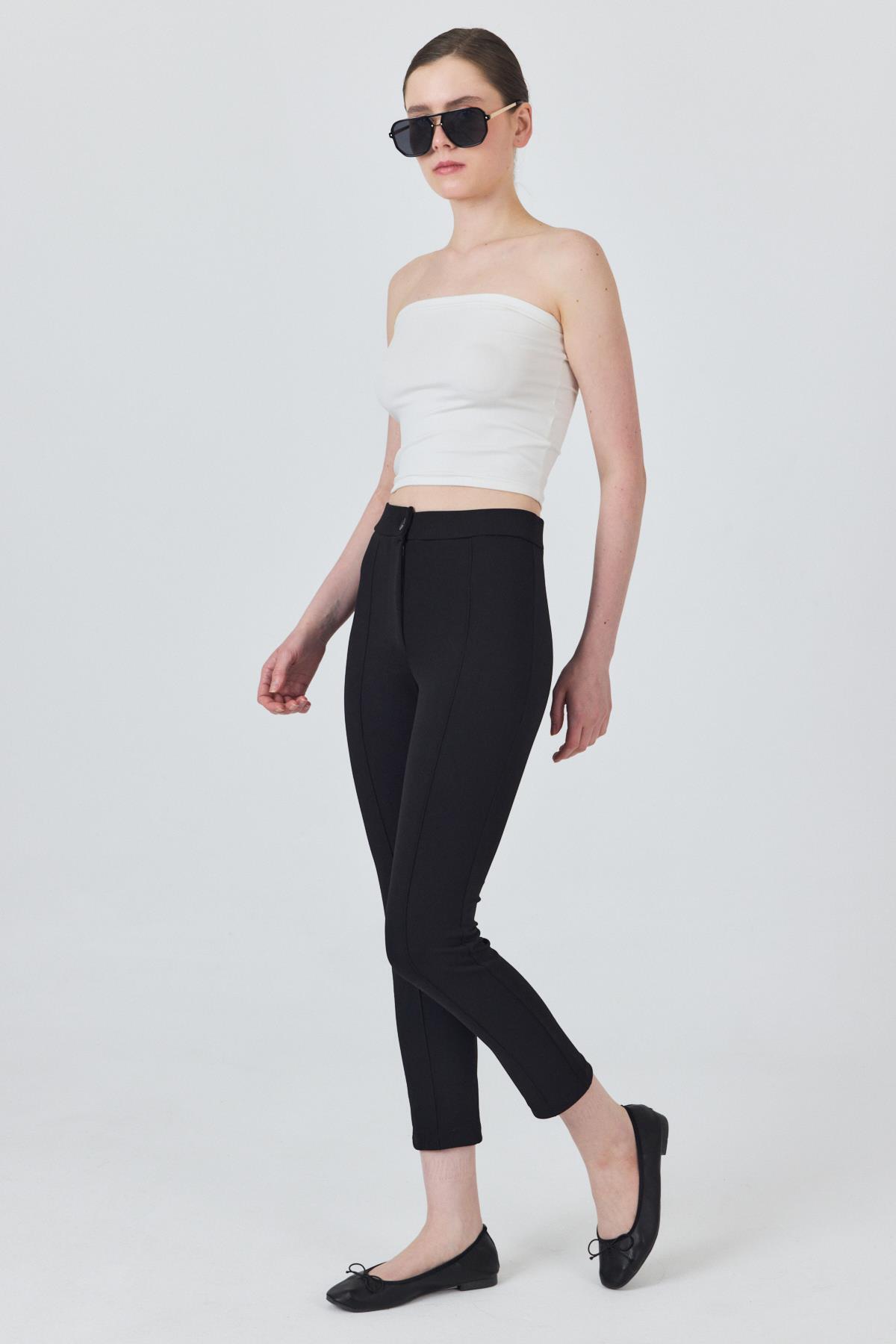 Siyah Yüksek Bel Nervür Dikiş Detaylı Tayt Pantolon 6875A 