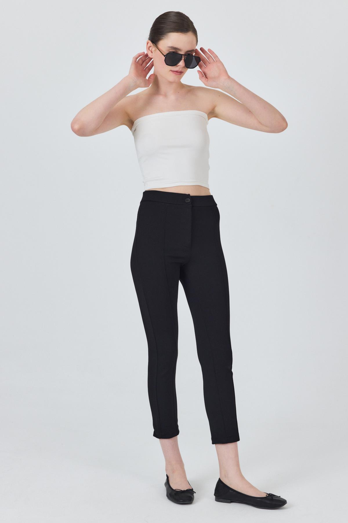 Siyah Yüksek Bel Nervür Dikiş Detaylı Tayt Pantolon 6875A - 8