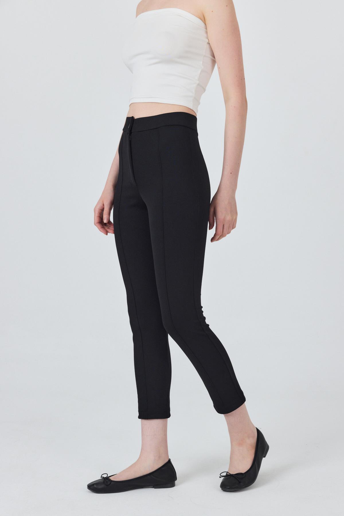 Siyah Yüksek Bel Nervür Dikiş Detaylı Tayt Pantolon 6875A - 3