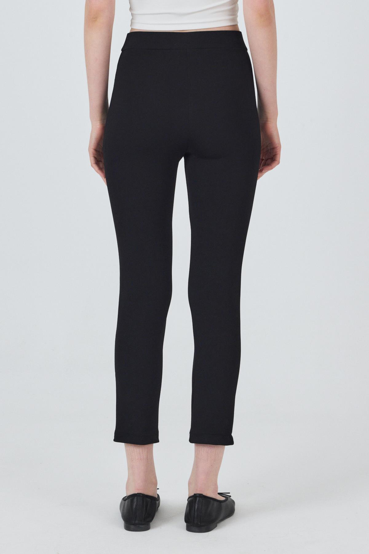 Siyah Yüksek Bel Nervür Dikiş Detaylı Tayt Pantolon 6875A - 5