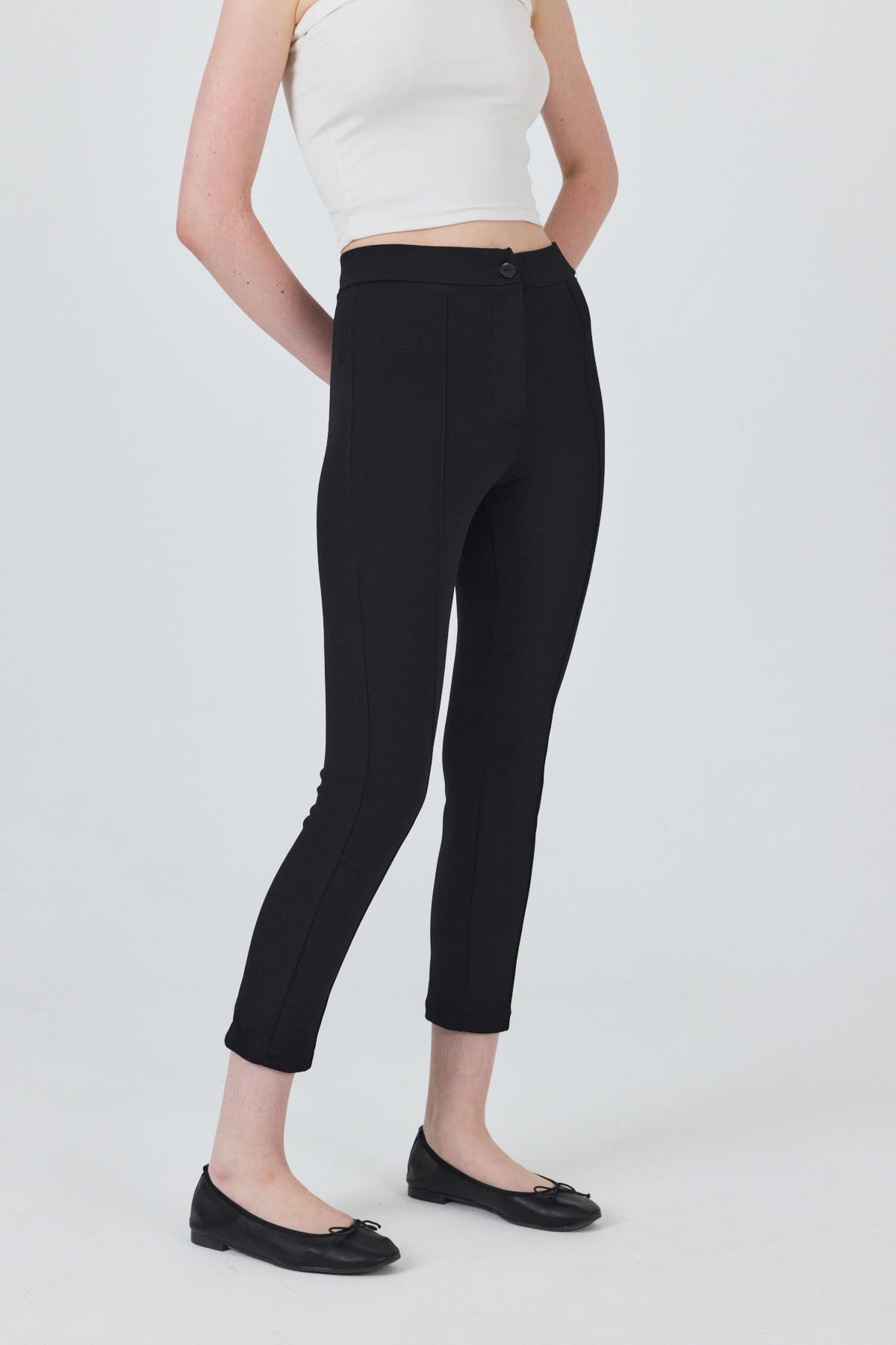 Siyah Yüksek Bel Nervür Dikiş Detaylı Tayt Pantolon 6875A - 6