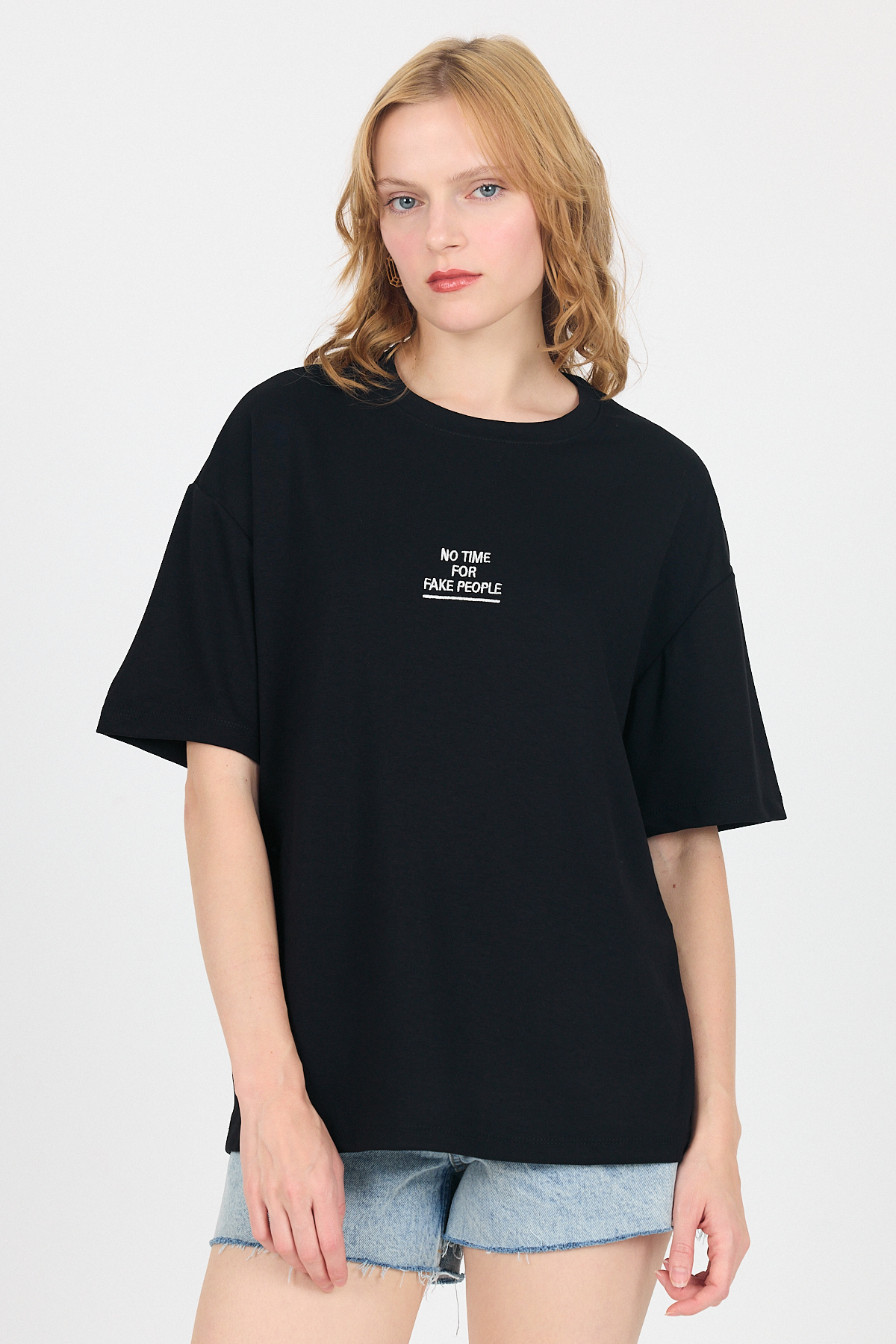 Siyah Yumuşak Dokulu Yazı Baskılı Oversize Tişört 6265 - 1