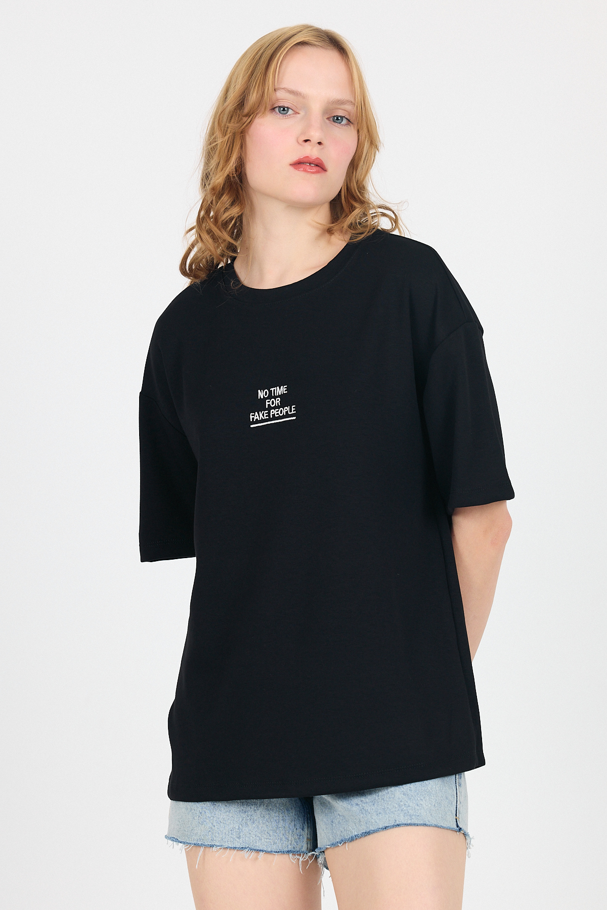 Siyah Yumuşak Dokulu Yazı Baskılı Oversize Tişört 6265 - 2