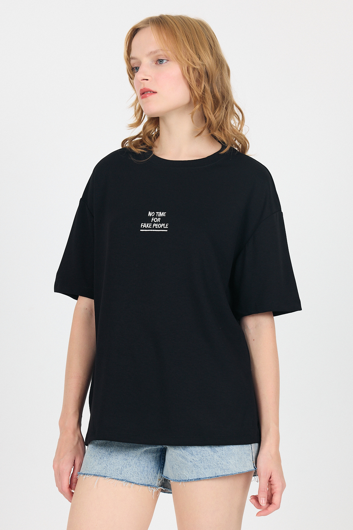 Siyah Yumuşak Dokulu Yazı Baskılı Oversize Tişört 6265 - 6