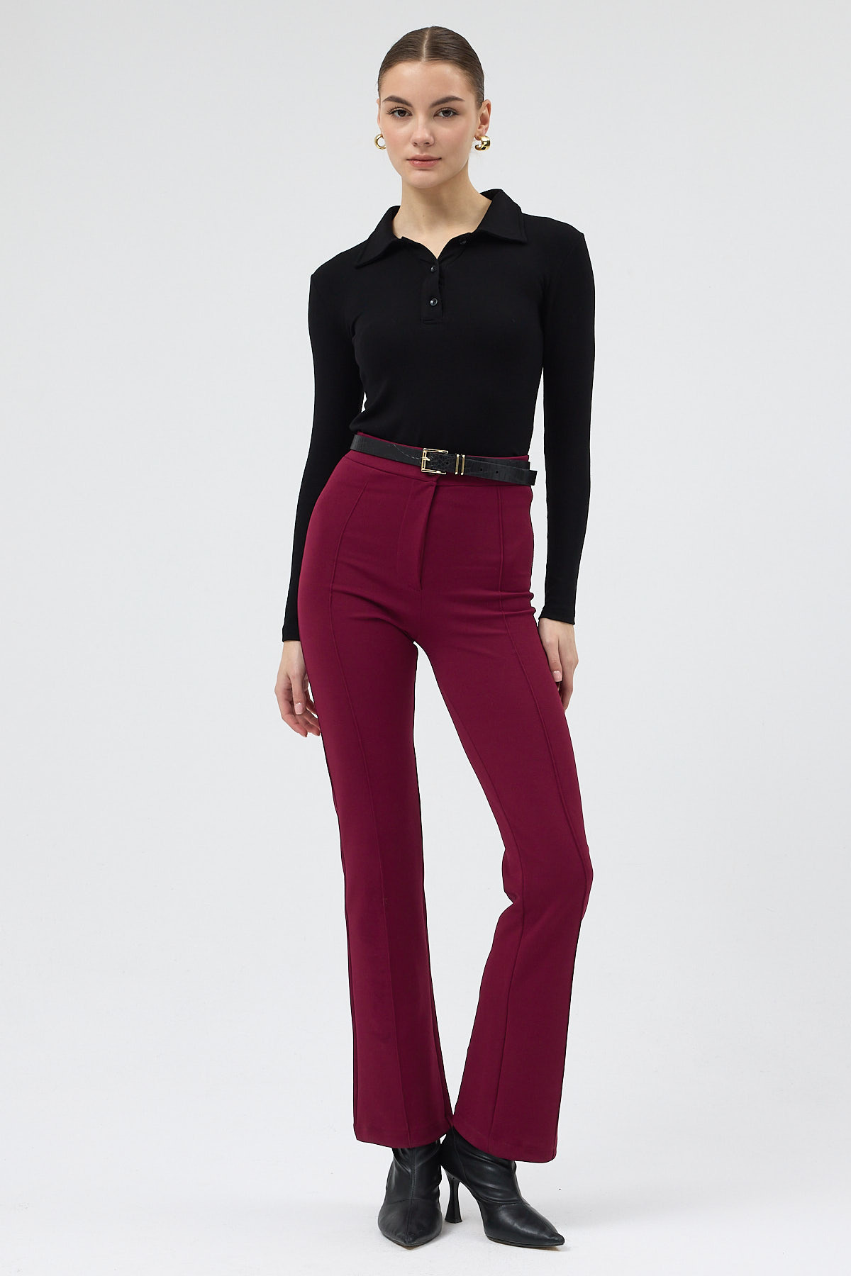 Bordo Straight/Düz Kesim Yüksek Bel Nervür Dikişli Örme Pantolon TCR-6873A 