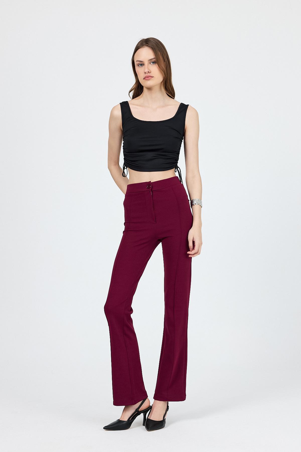 Straight/Düz Kesim Yüksek Bel Nervür Dikişli Örme Pantolon Bordo - 1