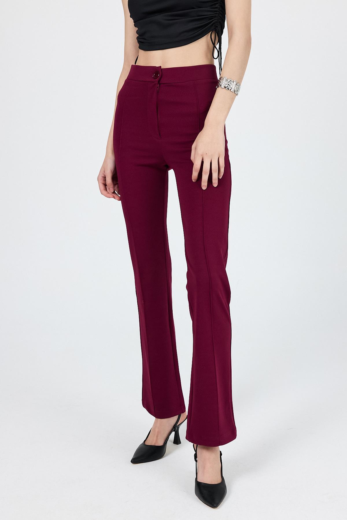Straight/Düz Kesim Yüksek Bel Nervür Dikişli Örme Pantolon Bordo - 3