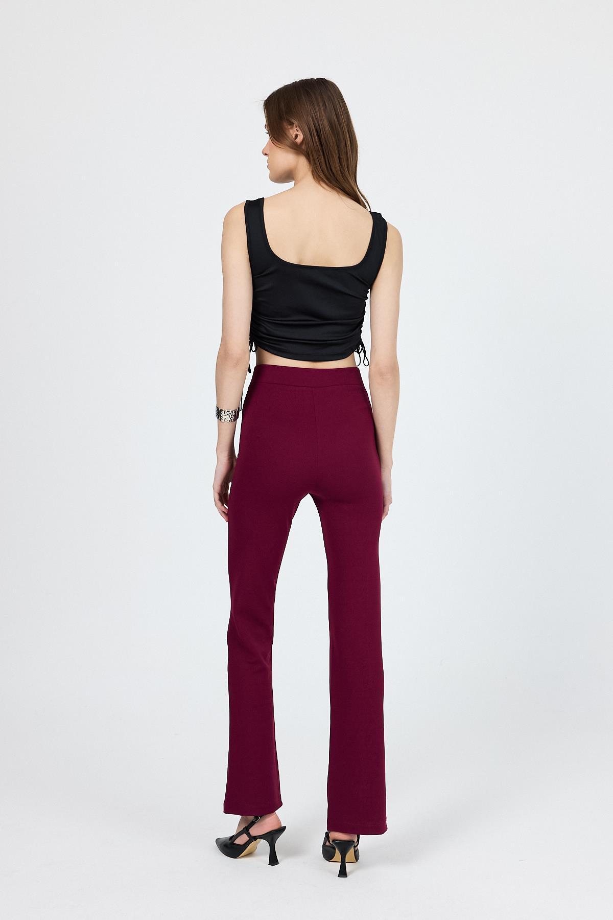 Straight/Düz Kesim Yüksek Bel Nervür Dikişli Örme Pantolon Bordo - 5