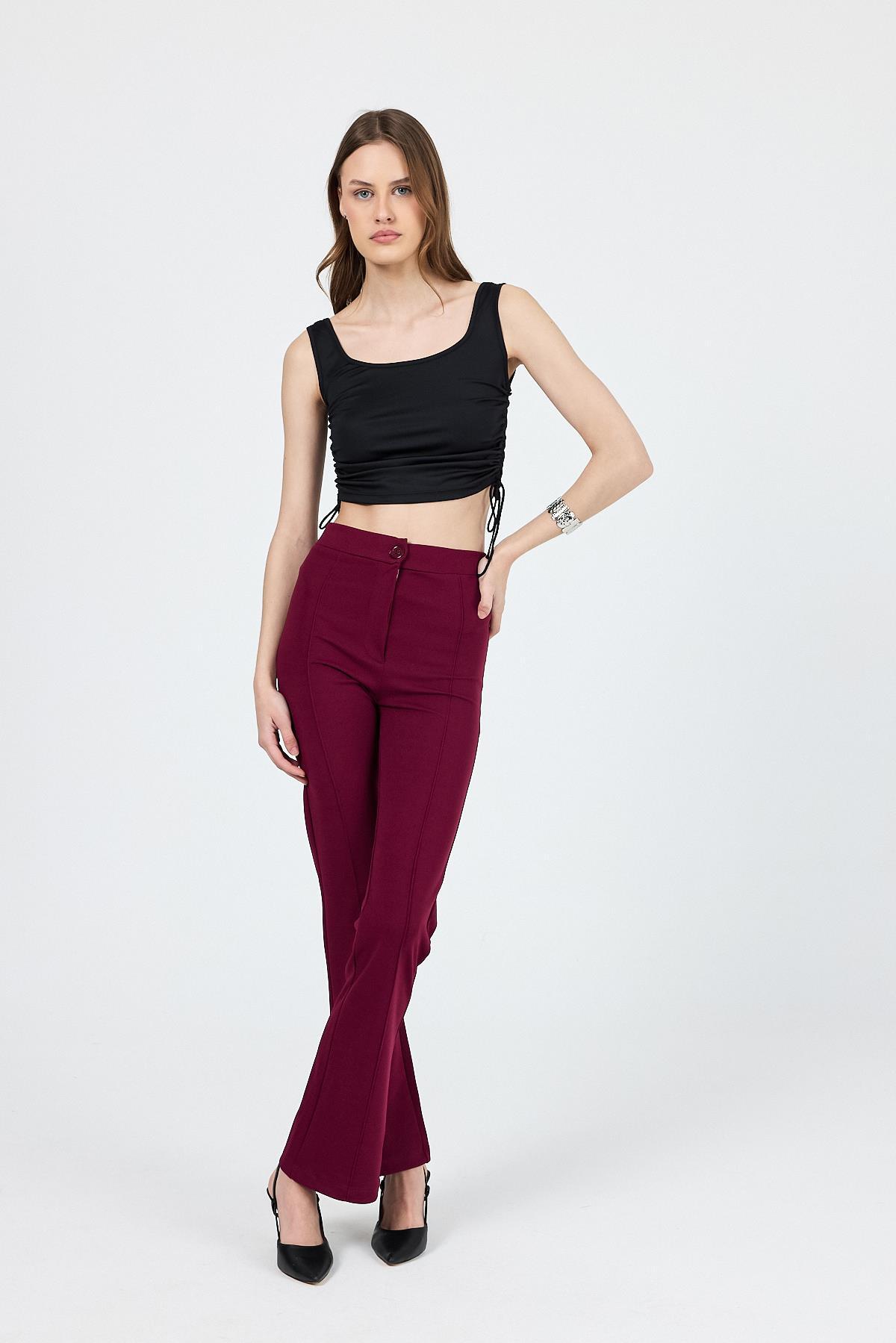 Straight/Düz Kesim Yüksek Bel Nervür Dikişli Örme Pantolon Bordo - 6