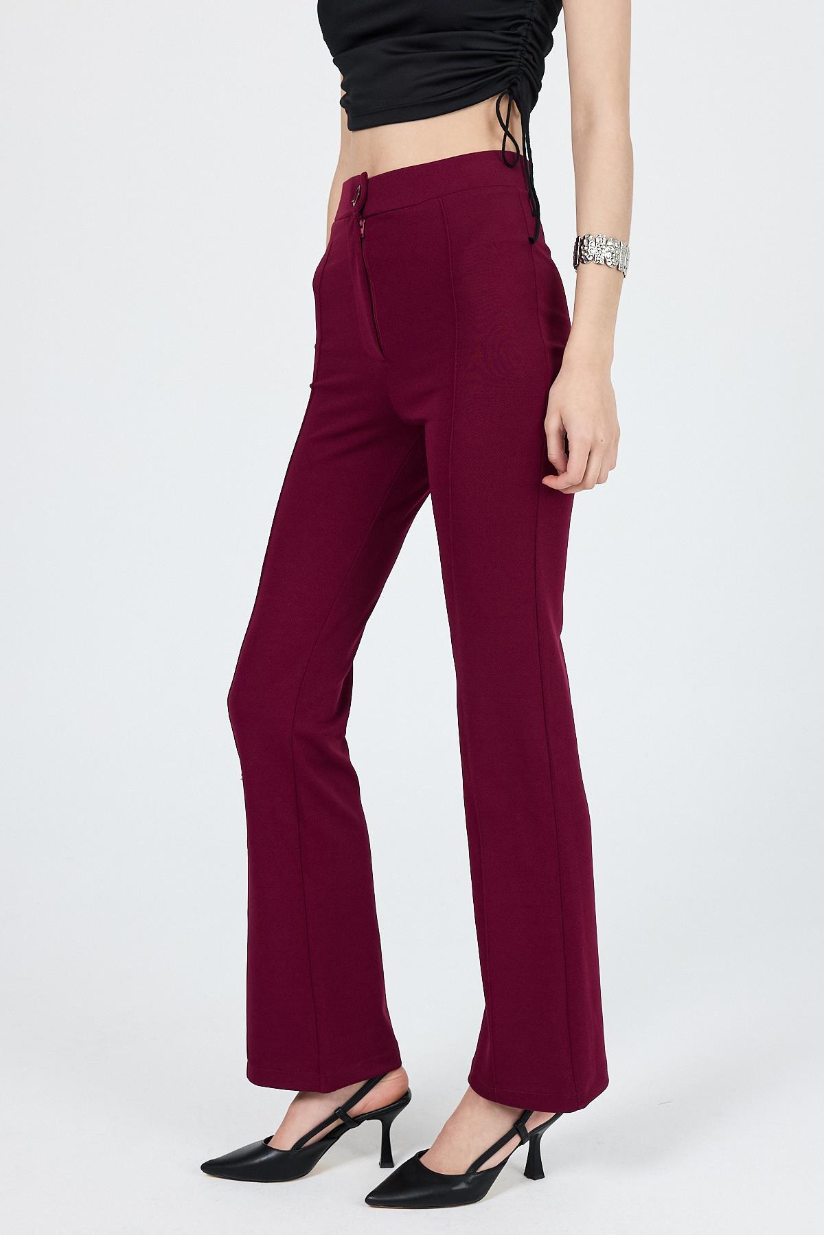 Bordo Straight/Düz Kesim Yüksek Bel Nervür Dikişli Örme Pantolon TCR-6873A - 2