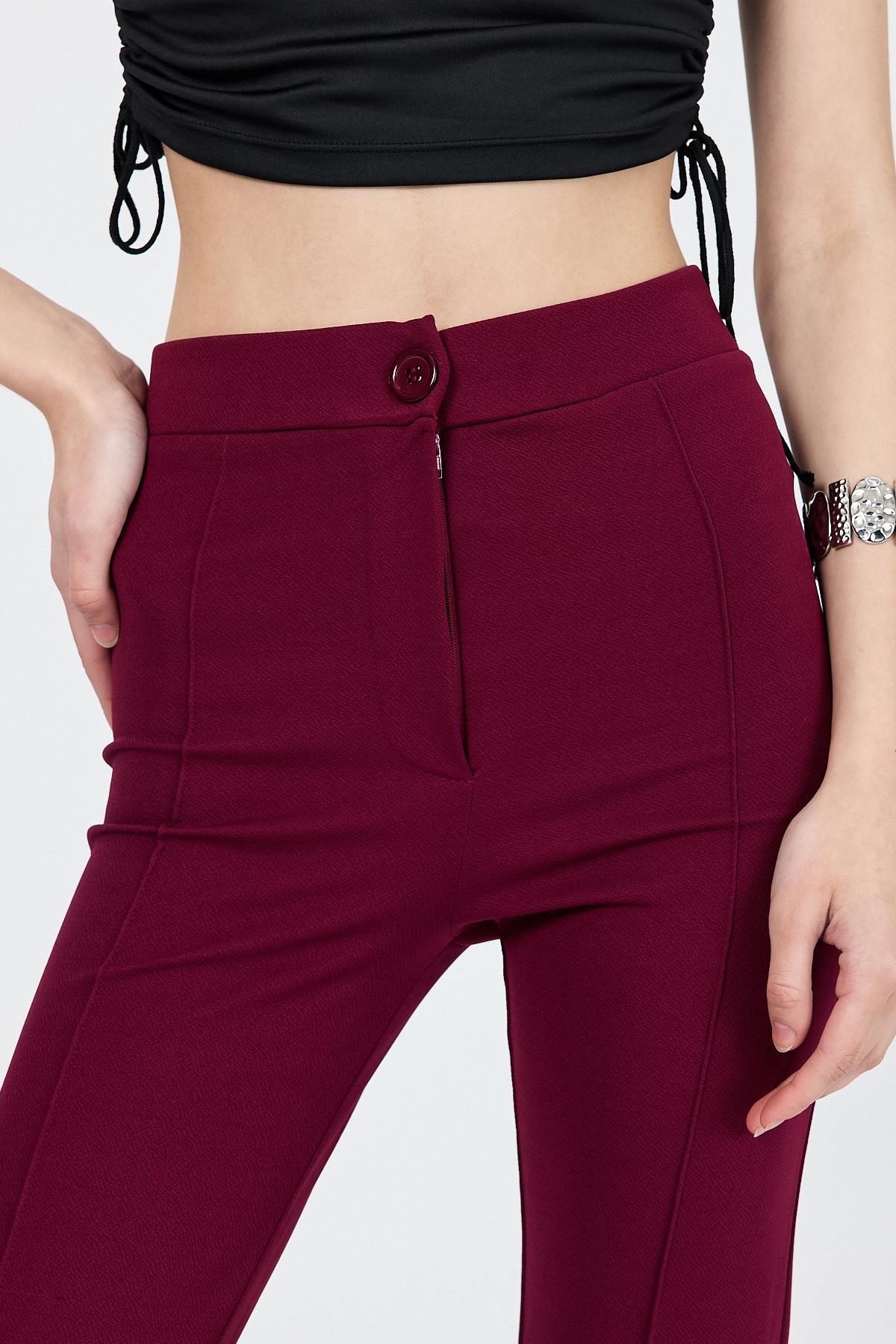 Bordo Straight/Düz Kesim Yüksek Bel Nervür Dikişli Örme Pantolon TCR-6873A - 4