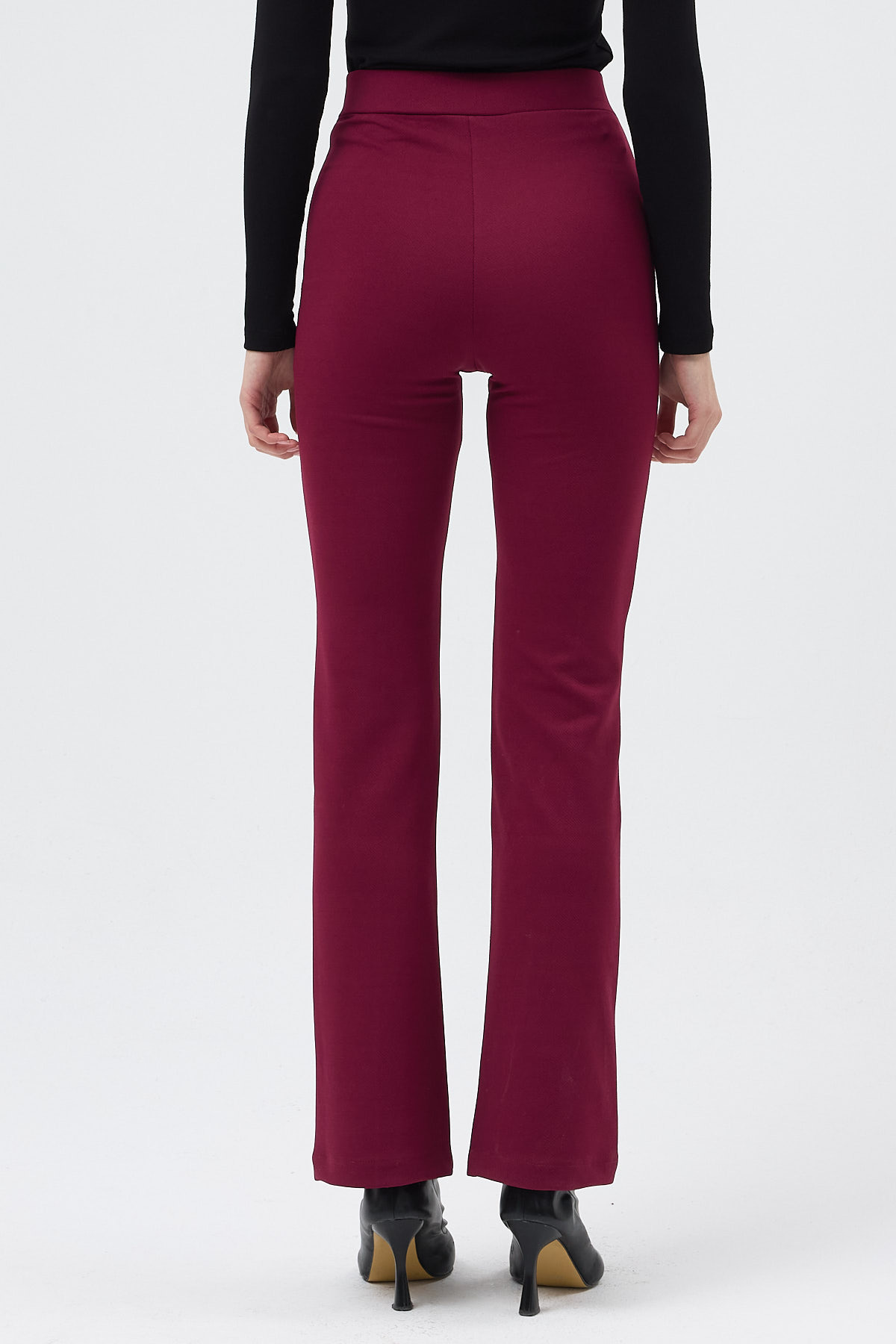 Bordo Straight/Düz Kesim Yüksek Bel Nervür Dikişli Örme Pantolon TCR-6873A - 5