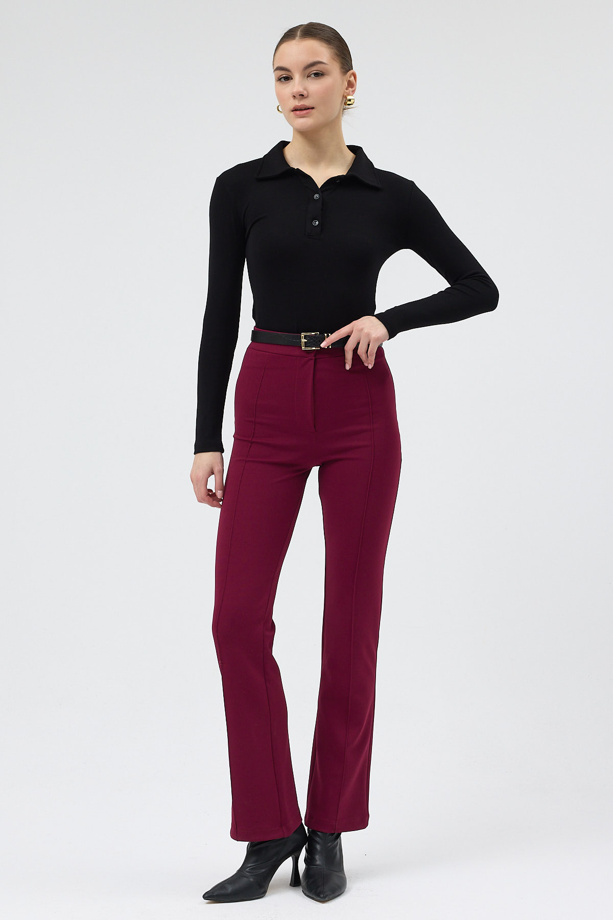 Bordo Straight/Düz Kesim Yüksek Bel Nervür Dikişli Örme Pantolon TCR-6873A - 2