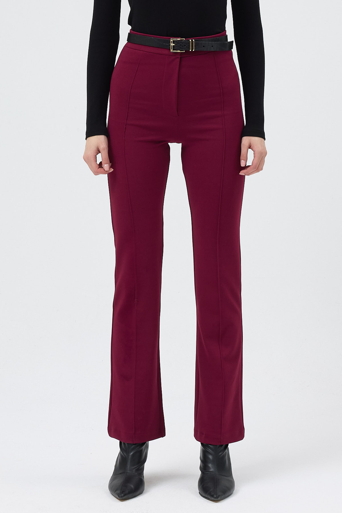 Bordo Straight/Düz Kesim Yüksek Bel Nervür Dikişli Örme Pantolon TCR-6873A - 3