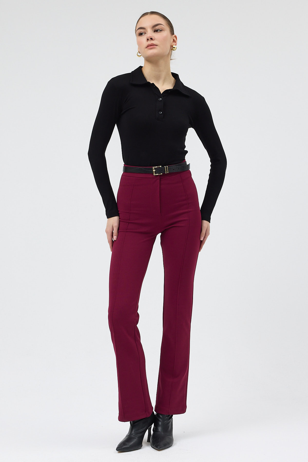 Bordo Straight/Düz Kesim Yüksek Bel Nervür Dikişli Örme Pantolon TCR-6873A - 6